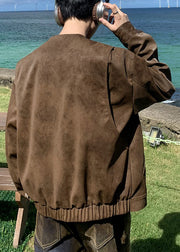 French Brown O Neck Lace Up Faux Suede Mens Coats Spring