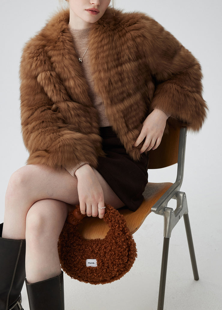 French Brown Oversized Fox Fur Short Cardigan Winter