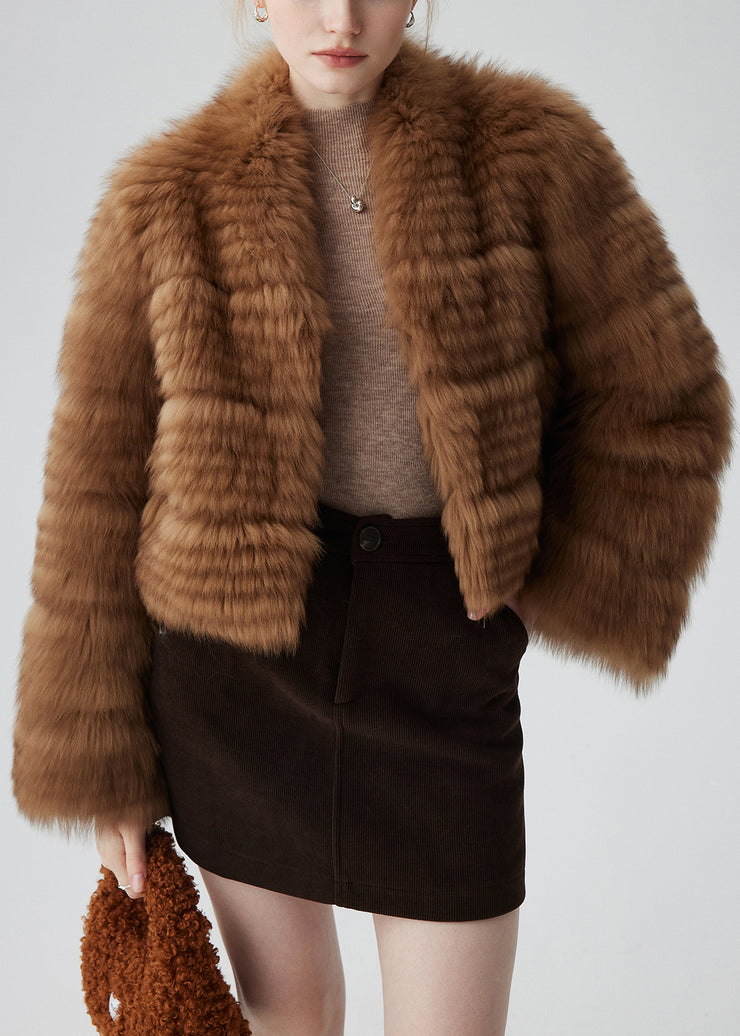 French Brown Oversized Fox Fur Short Cardigan Winter