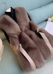 French Brown Oversized Patchwork Faux Fox Fur Vests Winter