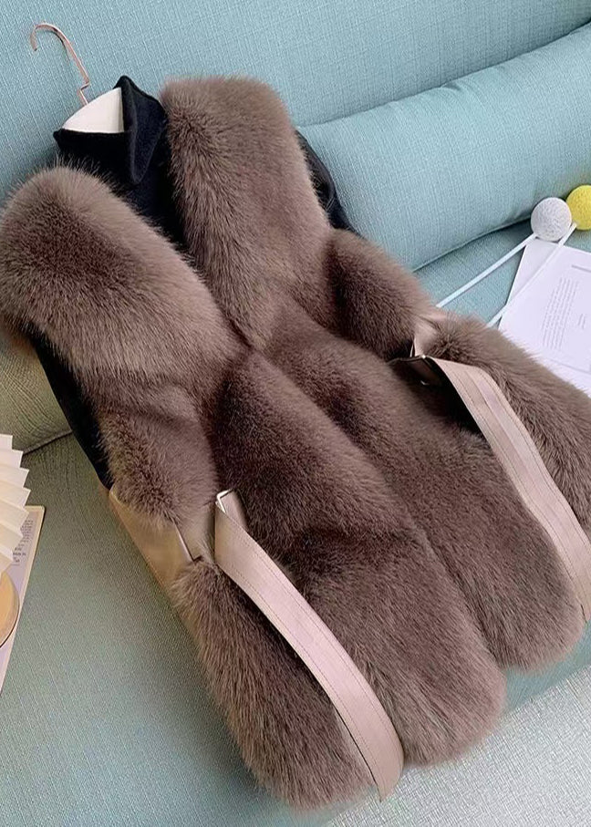 French Brown Oversized Patchwork Faux Fox Fur Vests Winter