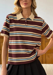 French Brown Peter Pan Collar Striped Cotton T Shirts Summer
