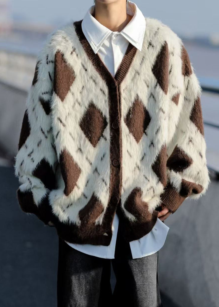 French Brown Plaid Button Mink Velvet Mens Coats Spring