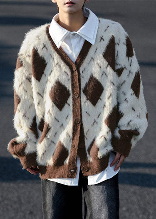 French Brown Plaid Button Mink Velvet Mens Coats Spring