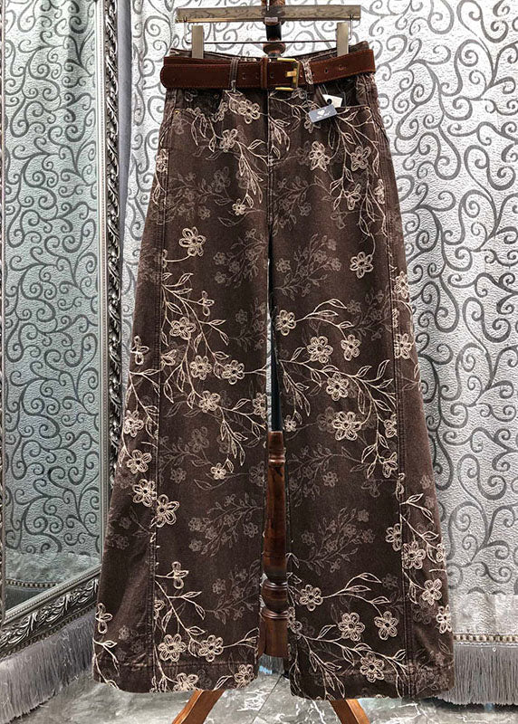 French Brown Print Denim Wide Leg Pants Fall