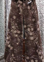 French Brown Print Denim Wide Leg Pants Fall
