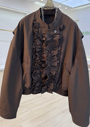 French Brown Ruffled Pockets Cotton Jackets Fall