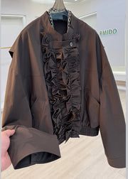 French Brown Ruffled Pockets Cotton Jackets Fall