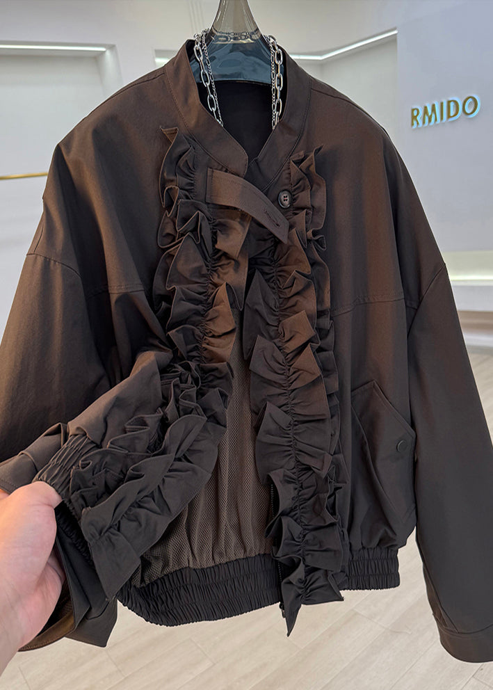 French Brown Ruffled Pockets Cotton Jackets Fall