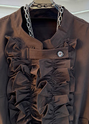 French Brown Ruffled Pockets Cotton Jackets Fall