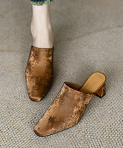 French Brown Satin Cowhide Leather Chunky Heel Slide Sandals