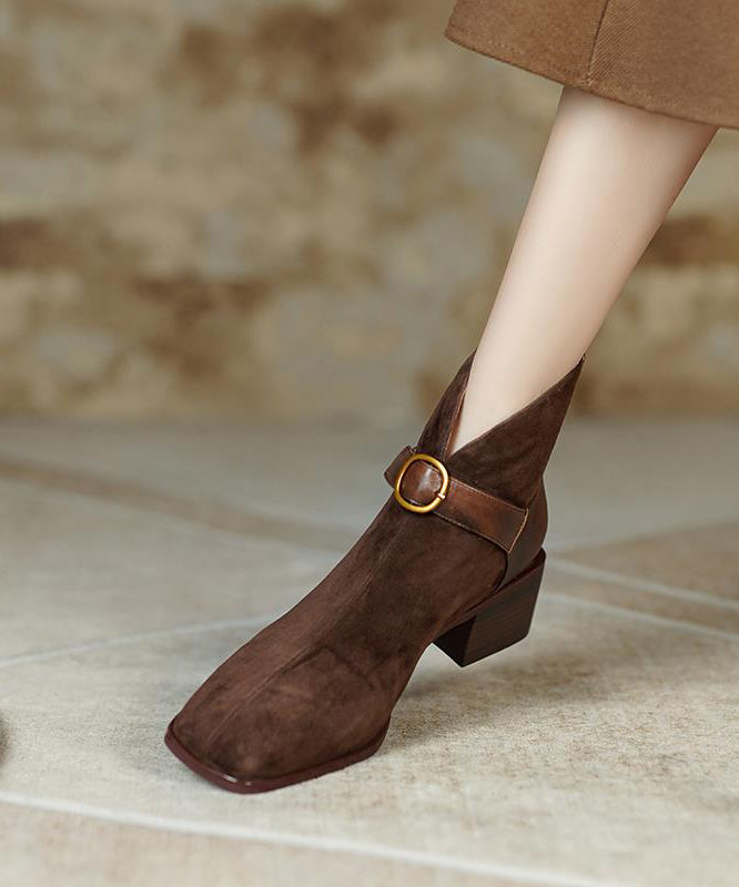 French Brown Splicing Chunky Suede Boots