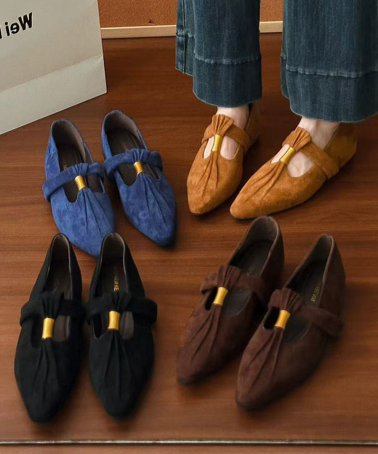 French Brown Suede Splicing Wedge Shoes Pointed Toe Wrinkled