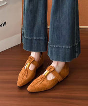 French Brown Suede Splicing Wedge Shoes Pointed Toe Wrinkled