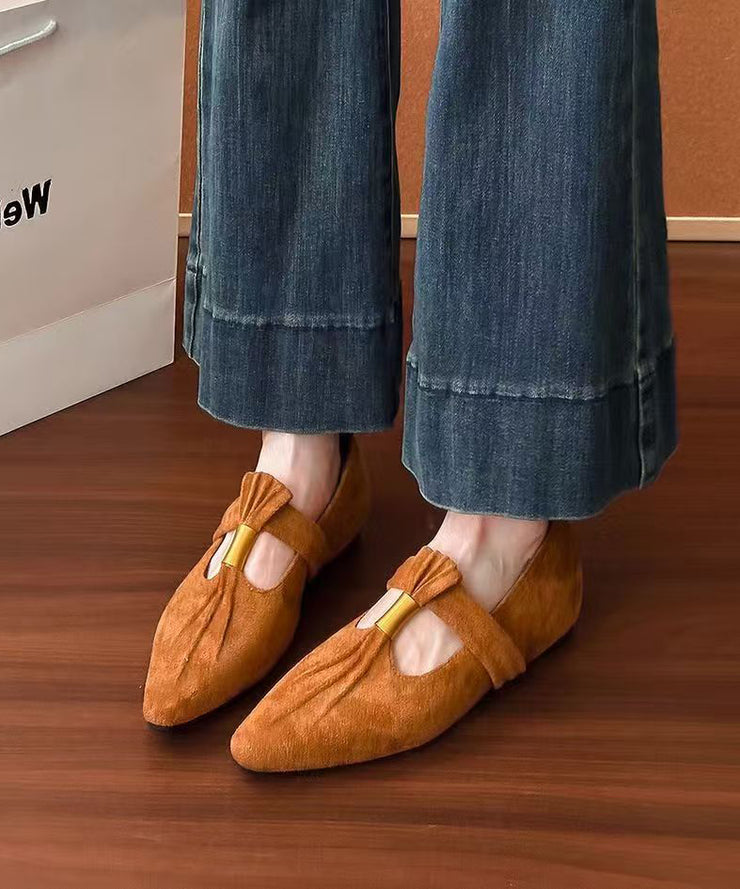 French Brown Suede Splicing Wedge Shoes Pointed Toe Wrinkled