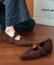 French Brown Suede Splicing Wedge Shoes Pointed Toe Wrinkled