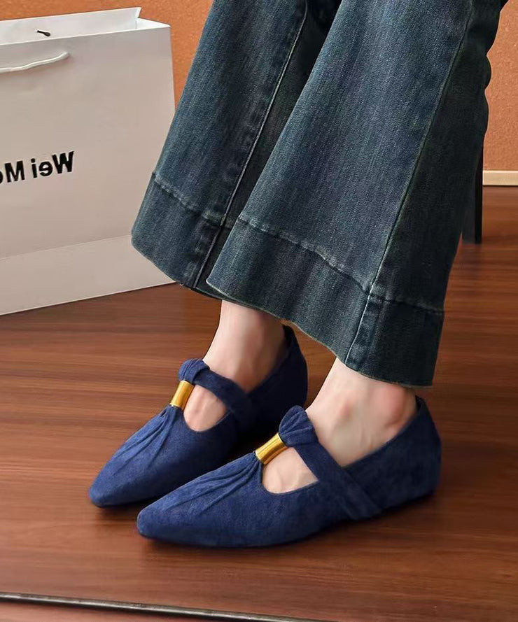 French Brown Suede Splicing Wedge Shoes Pointed Toe Wrinkled