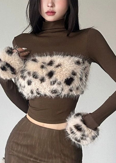 French Brown Turtle Neck Patchwork Leopard Cotton Top Fall