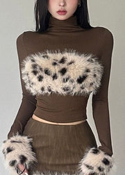 French Brown Turtle Neck Patchwork Leopard Cotton Top Fall