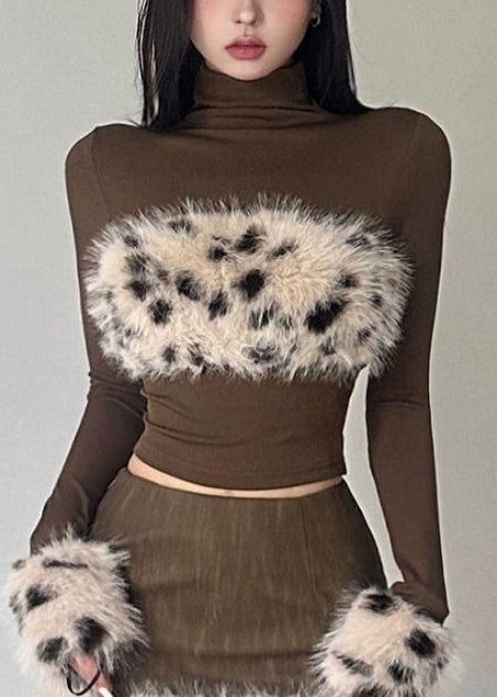 French Brown Turtle Neck Patchwork Leopard Cotton Top Fall