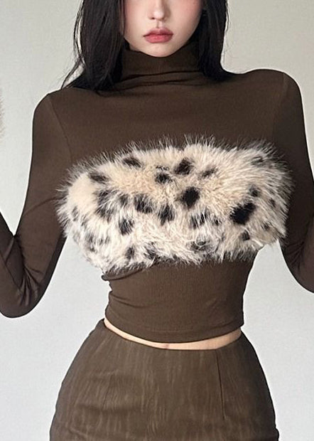 French Brown Turtle Neck Patchwork Leopard Cotton Top Fall