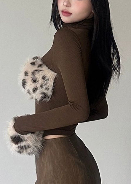 French Brown Turtle Neck Patchwork Leopard Cotton Top Fall