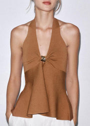 French Brown V Neck Backless Solid Cotton Top Sleeveless