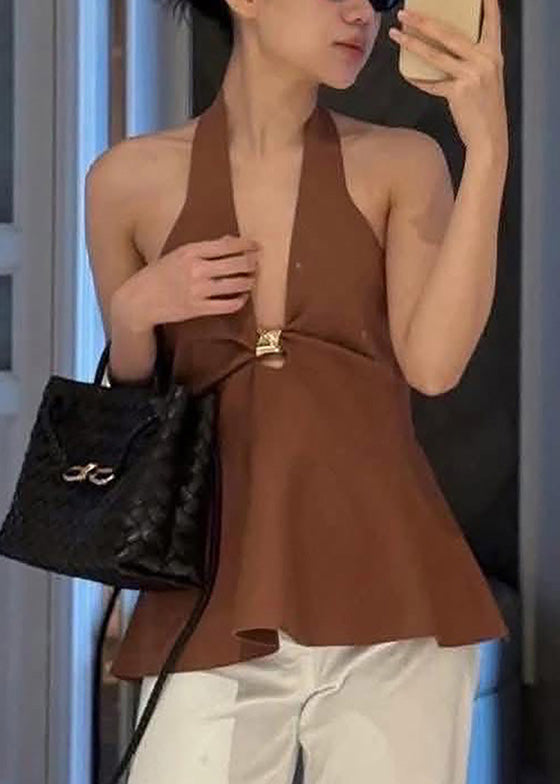French Brown V Neck Backless Solid Cotton Top Sleeveless