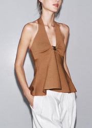 French Brown V Neck Backless Solid Cotton Top Sleeveless
