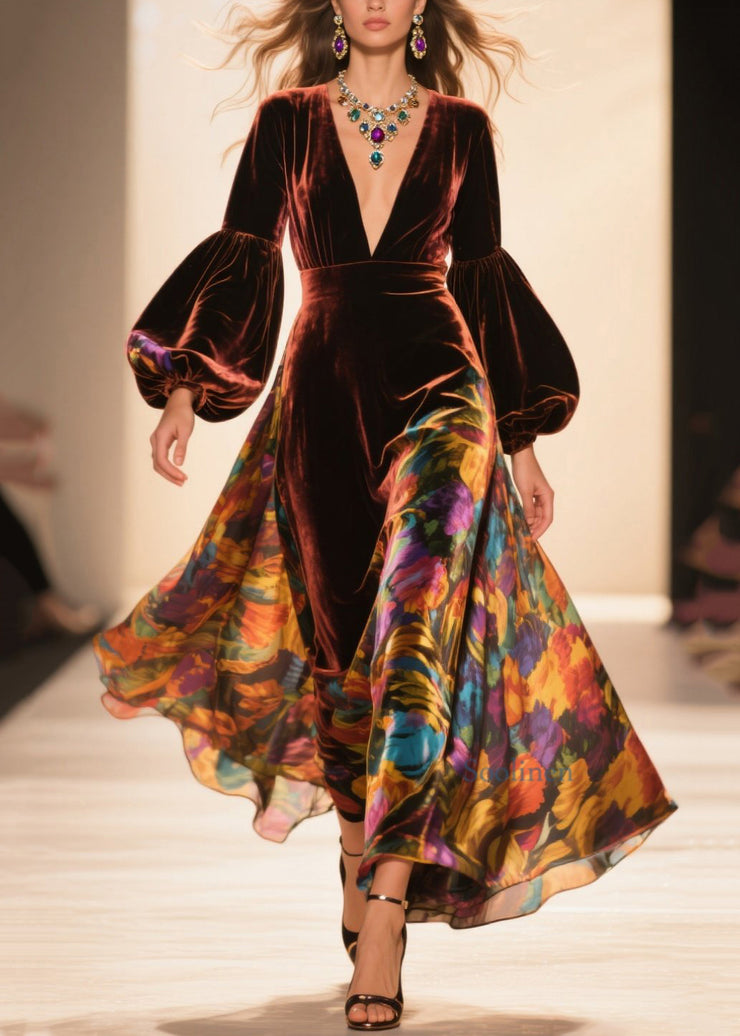 French Brown V Neck Print Velvet Robe Dresses Lantern Sleeve