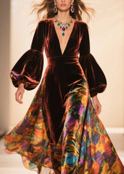 French Brown V Neck Print Velvet Robe Dresses Lantern Sleeve