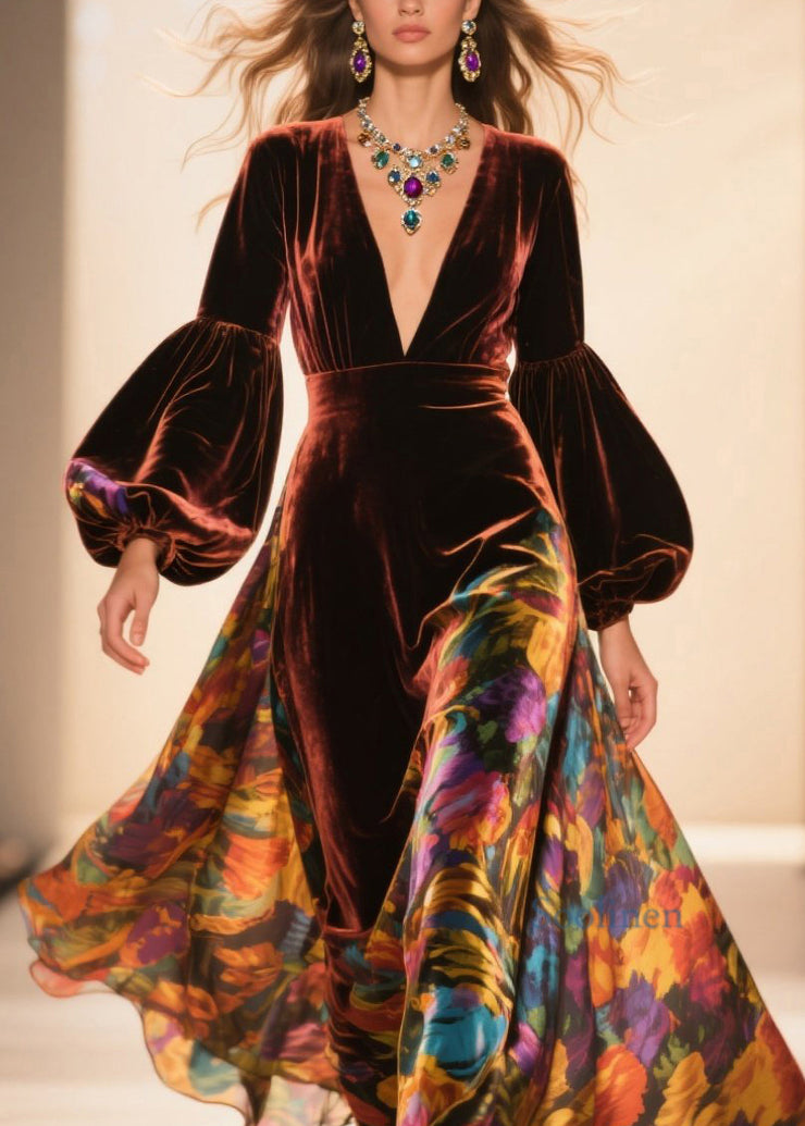 French Brown V Neck Print Velvet Robe Dresses Lantern Sleeve