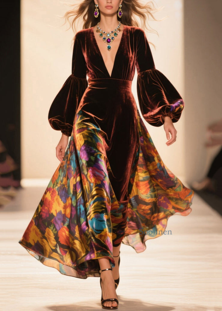 French Brown V Neck Print Velvet Robe Dresses Lantern Sleeve