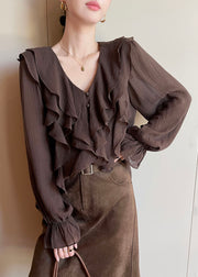 French Brown V Neck Ruffled Patchwork Draping Shirts Flare Sleeve