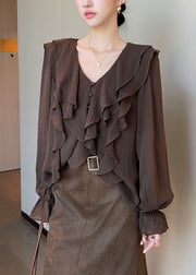 French Brown V Neck Ruffled Patchwork Draping Shirts Flare Sleeve