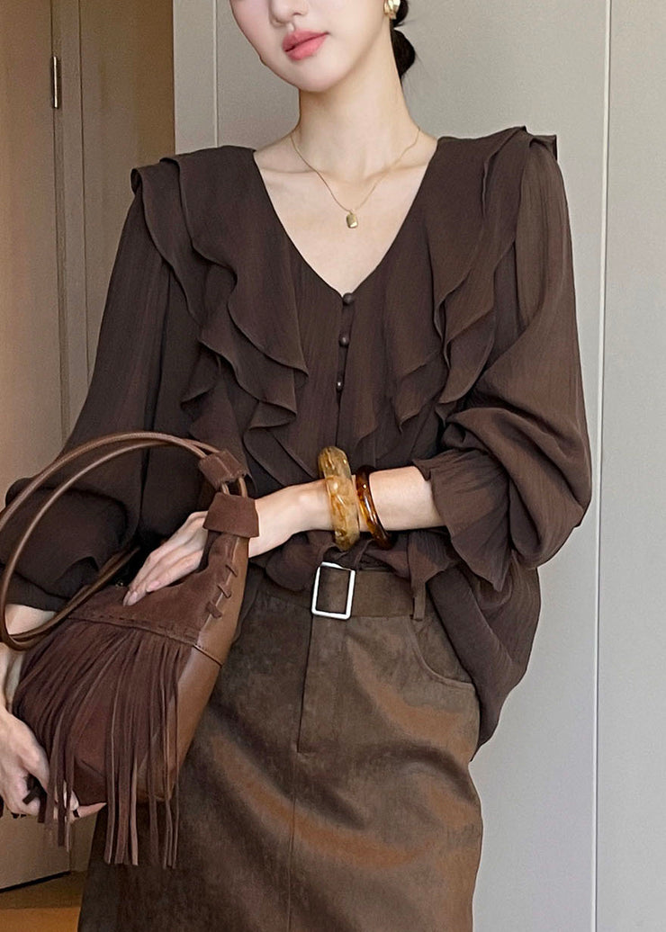 French Brown V Neck Ruffled Patchwork Draping Shirts Flare Sleeve
