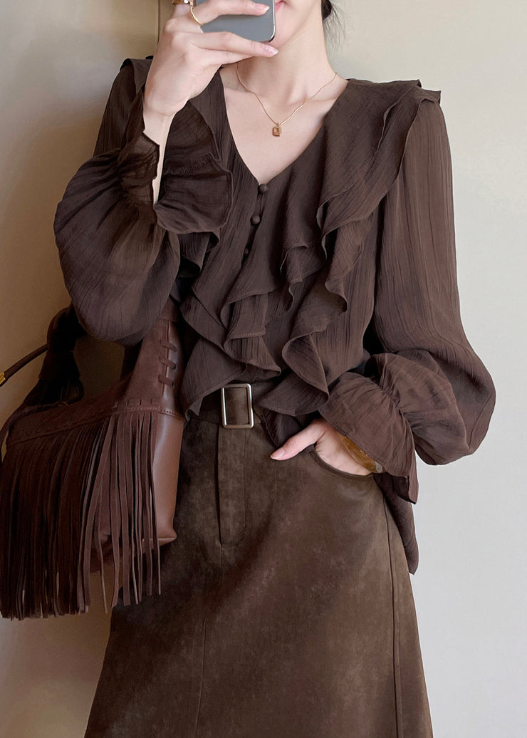 French Brown V Neck Ruffled Patchwork Draping Shirts Flare Sleeve