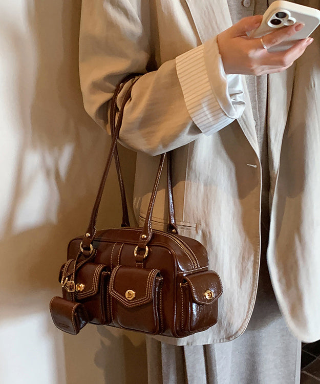 French Brown With Pockets Faux Leather Women Handbags