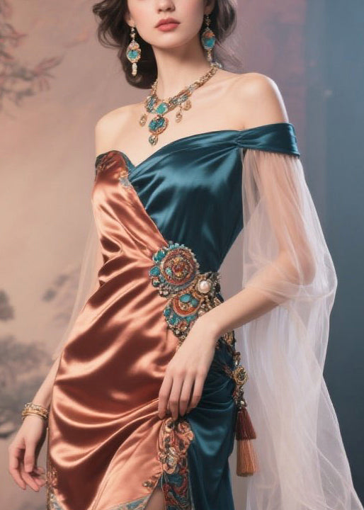 French Caramel Cold Shoulder Patchwork Draping Silk Dinner Dress Summer