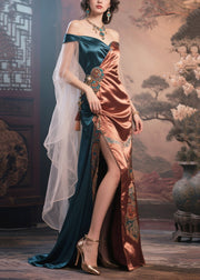 French Caramel Cold Shoulder Patchwork Draping Silk Dinner Dress Summer