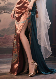 French Caramel Cold Shoulder Patchwork Draping Silk Dinner Dress Summer