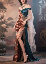 French Caramel Cold Shoulder Patchwork Draping Silk Dinner Dress Summer