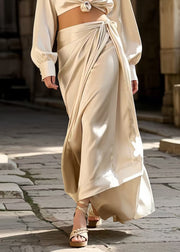 French Champagne Asymmetrical Design Silk Two Piece Set Women Clothing