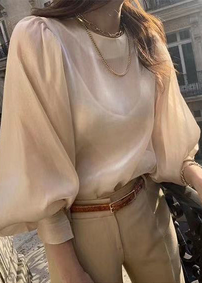 French Champagne Draping Silk Sheer Blouses Lantern Sleeve