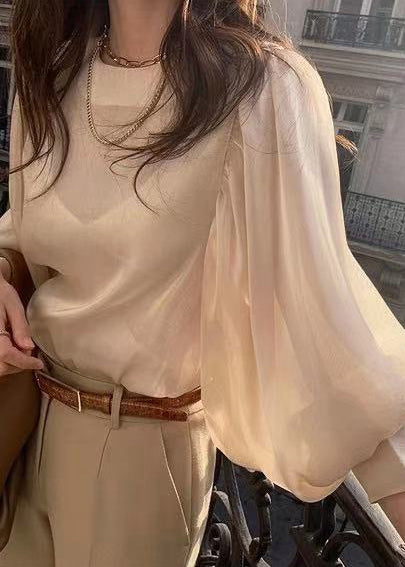 French Champagne Draping Silk Sheer Blouses Lantern Sleeve
