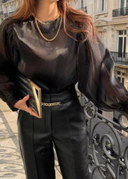 French Champagne Draping Silk Sheer Blouses Lantern Sleeve