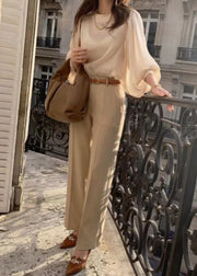 French Champagne Draping Silk Sheer Blouses Lantern Sleeve