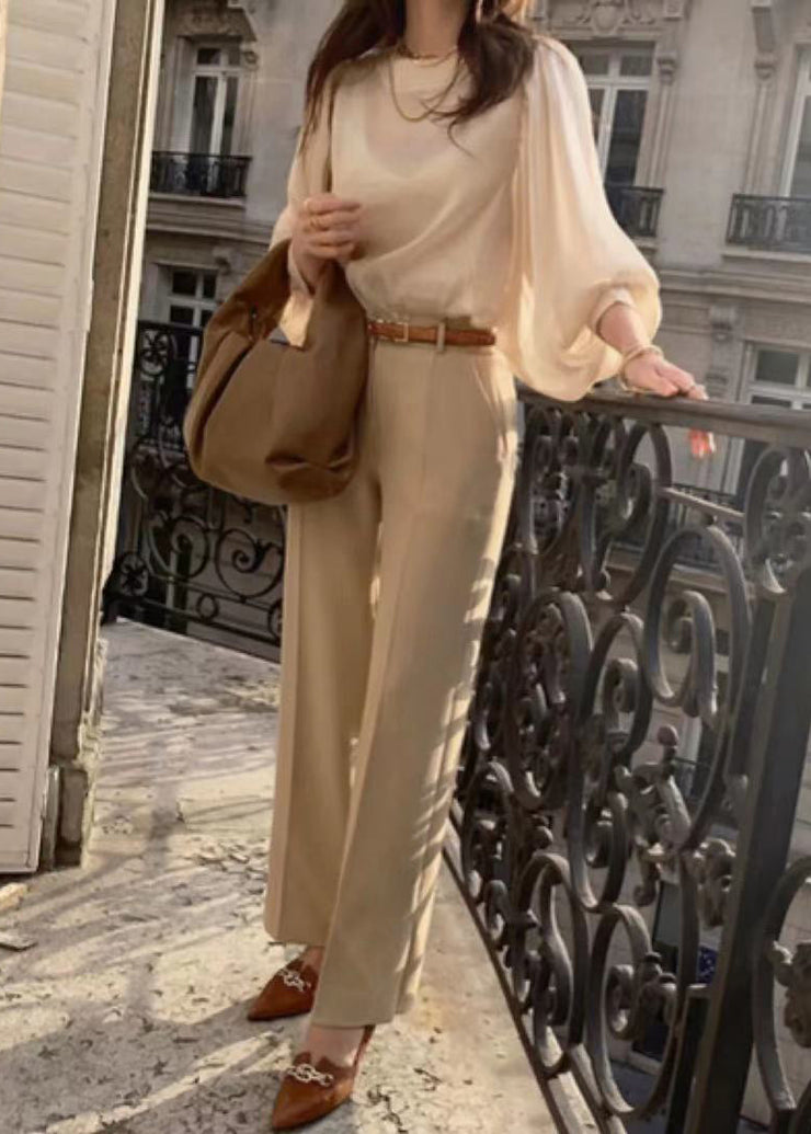 French Champagne Draping Silk Sheer Blouses Lantern Sleeve