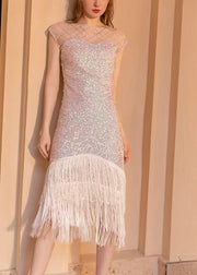 French Champagne Sequins Tasseled Tea Dress Summer