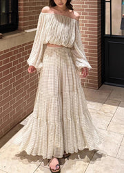 French Champagne Slash Neck Wrinkled Silk Two Pieces Set Fall